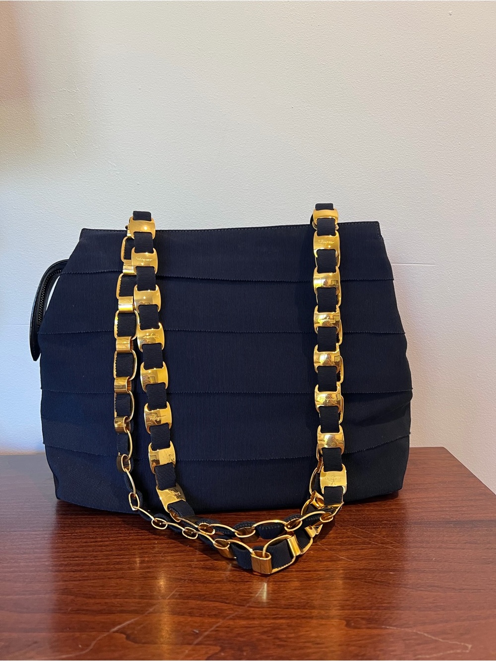 Vintage Salvatore Ferragamo Navy Grosgrain Vara Chain Tote Bag